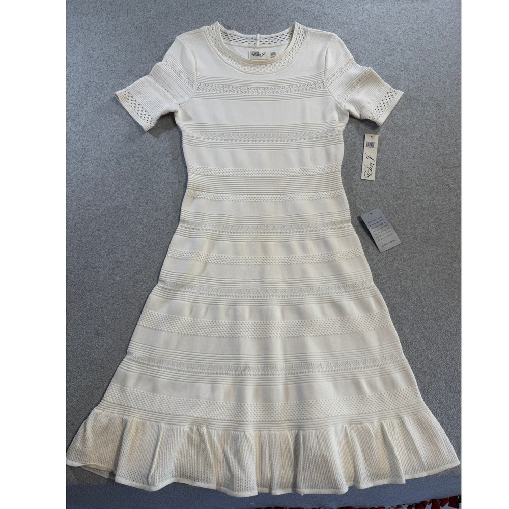Eliza J Fit and Flare Knit Dress Womens Medium Ivory New Pointelle Ruffle Hem